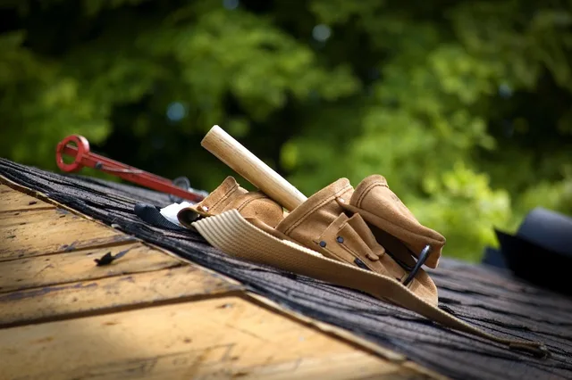 tool belt, roof, belt, tool, construction, work, worker, building, home, professional, handyman, industry, nature, equipment, carpenter, shingles, roofer, roofing, house, wood, exterior, rooftop, trees, leather. Equipment a handyman business cannot open without