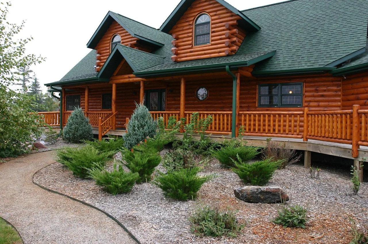 log home, house, cabin, log cabin, landscaping, home, log, building, country, cottage, wooden, tree, estate, structure, window, residential, timber, construction, residence, nature, property, exterior, comfort. Handyman marketing: measure cost per booked job