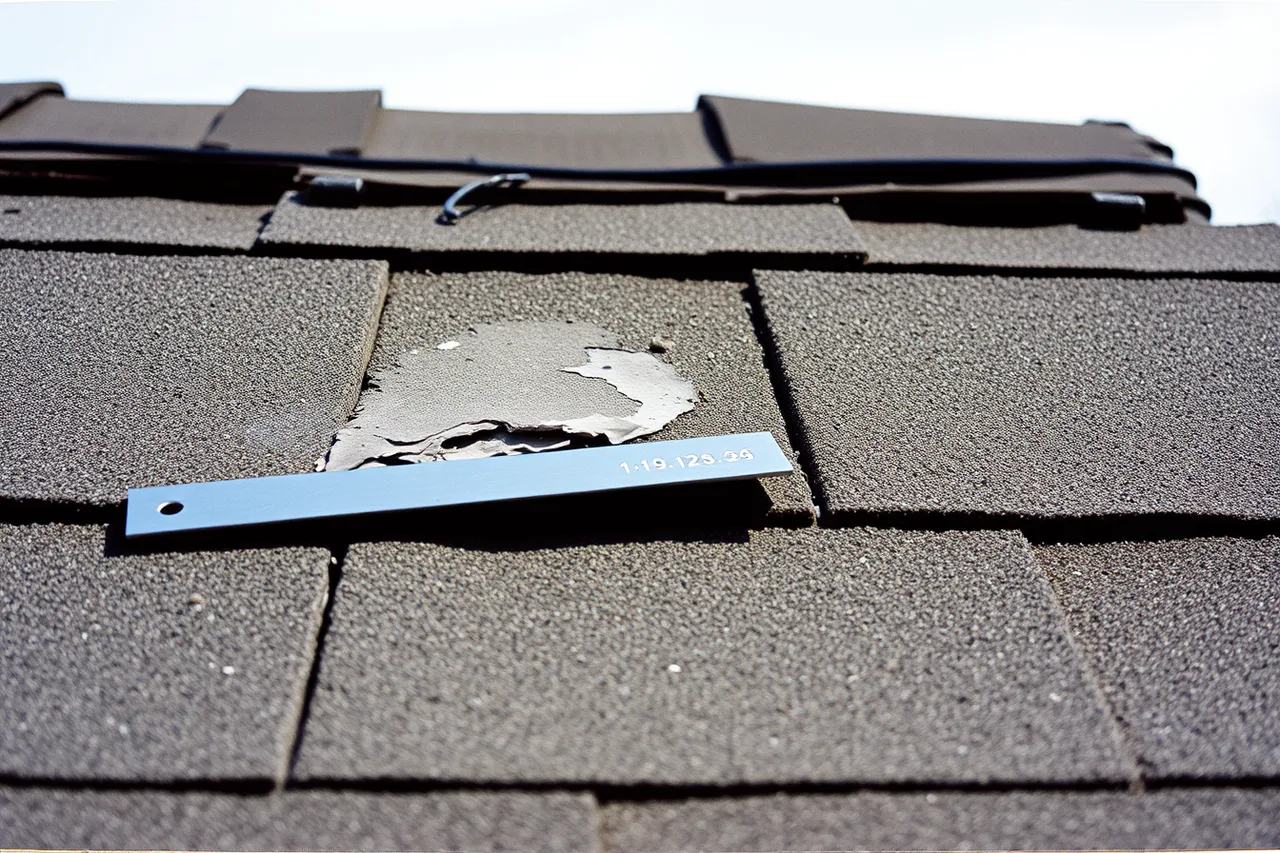 Straight edge across a hail-bruised asphalt shingle showing dent depth (Denver handyman invoicing for hail and snow damage tasks, a practical checklist)