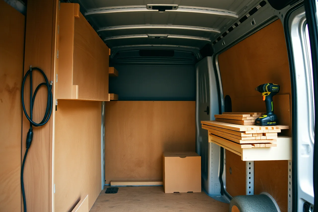 Handyman van interior with fixed racking and organized tools (Equipment a handyman business cannot open without for 2027)