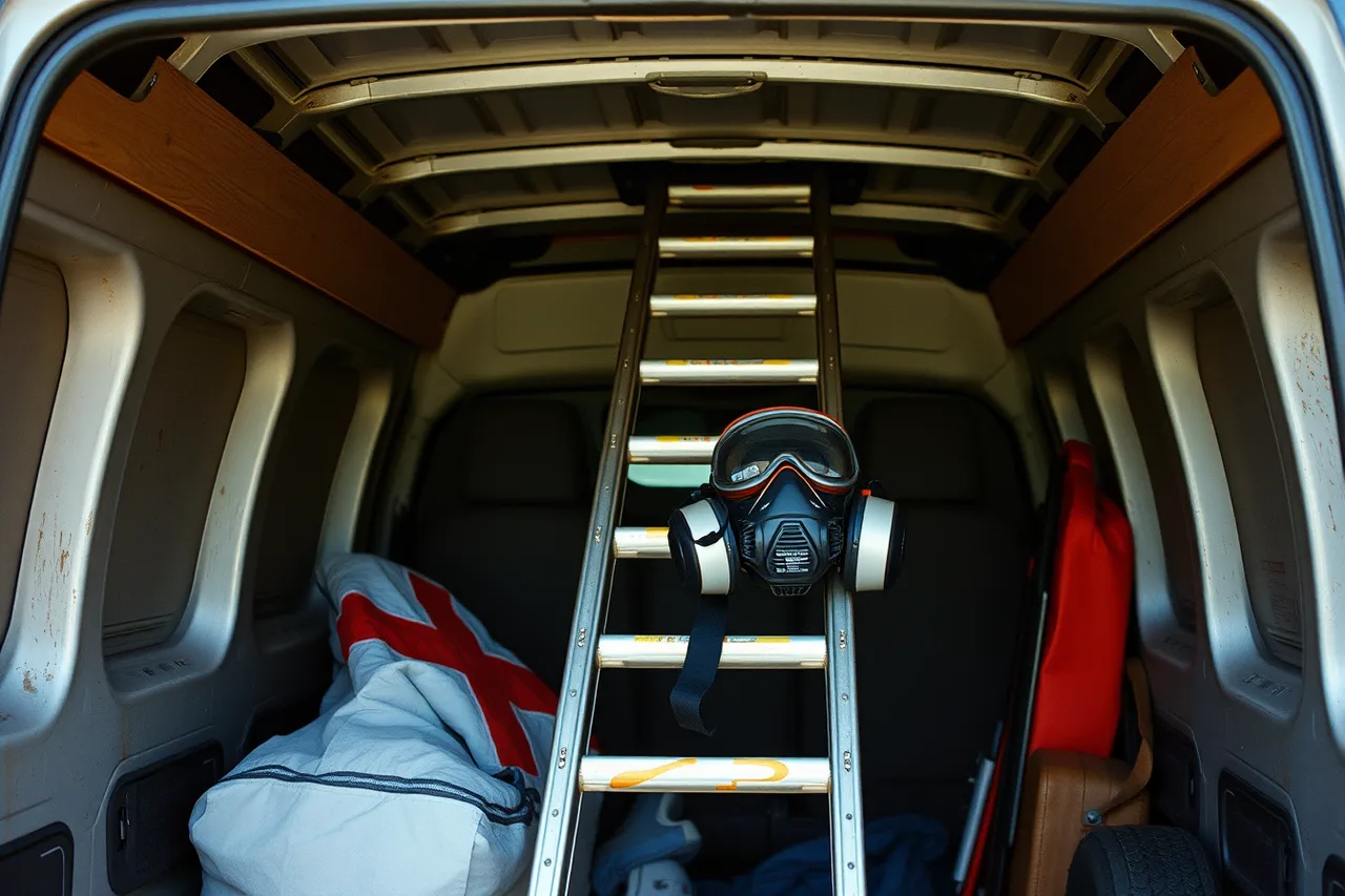 Extension ladder and safety gear stored in a handyman van (Equipment a handyman business cannot open without for 2027)