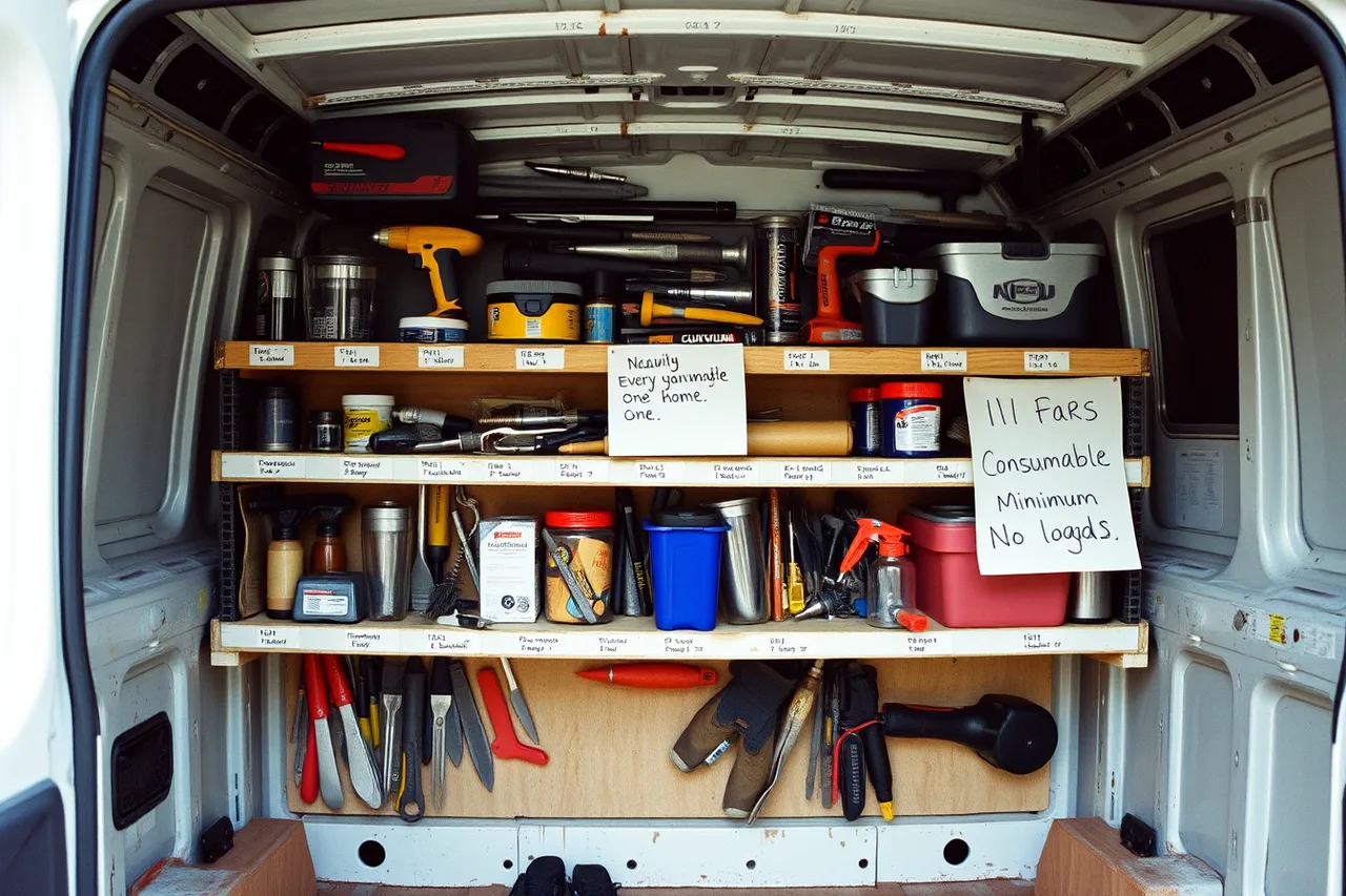 Labeled tool rack in a handyman van with posted minimums (Equipment a handyman business cannot open without for 2027)