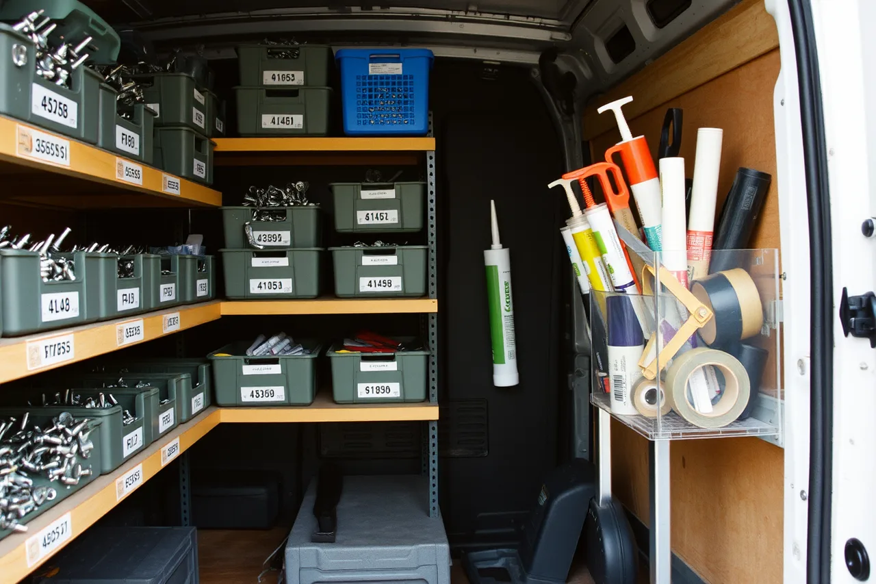 Van shelf stocked with fixings, anchors, sealant and tape (Equipment a handyman business cannot open without)