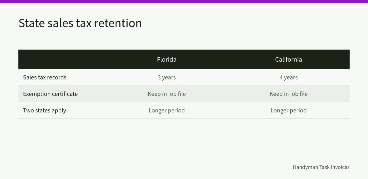 Comparison of Florida and California sales tax record retention (Handyman invoice records retention: how long to keep task paperwork)