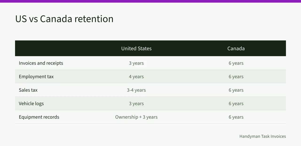 Table comparing US and Canadian record retention periods (Handyman invoice records retention: how long to keep task paperwork)