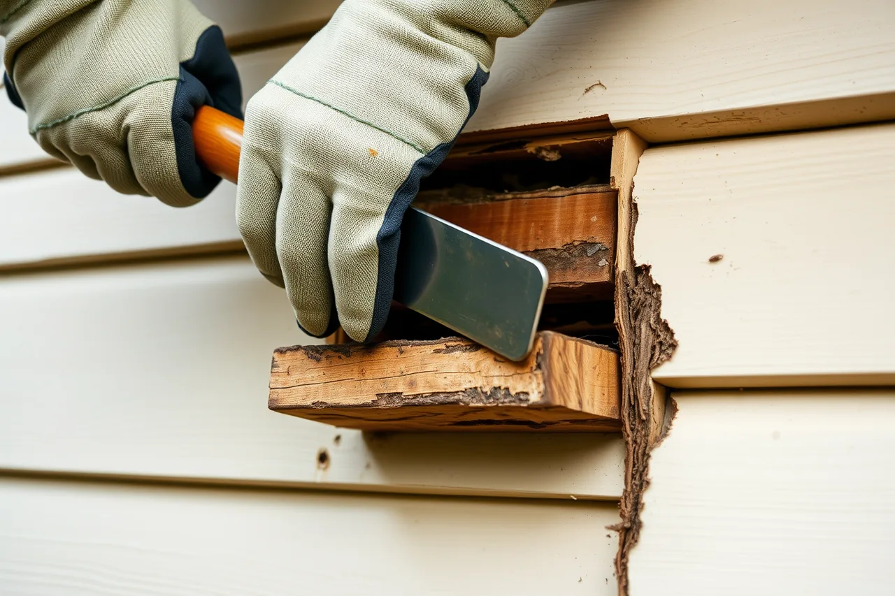 Hands prying open rotted sill behind old siding (Setting handyman rates in Seattle and Boston vs lower-cost US markets)