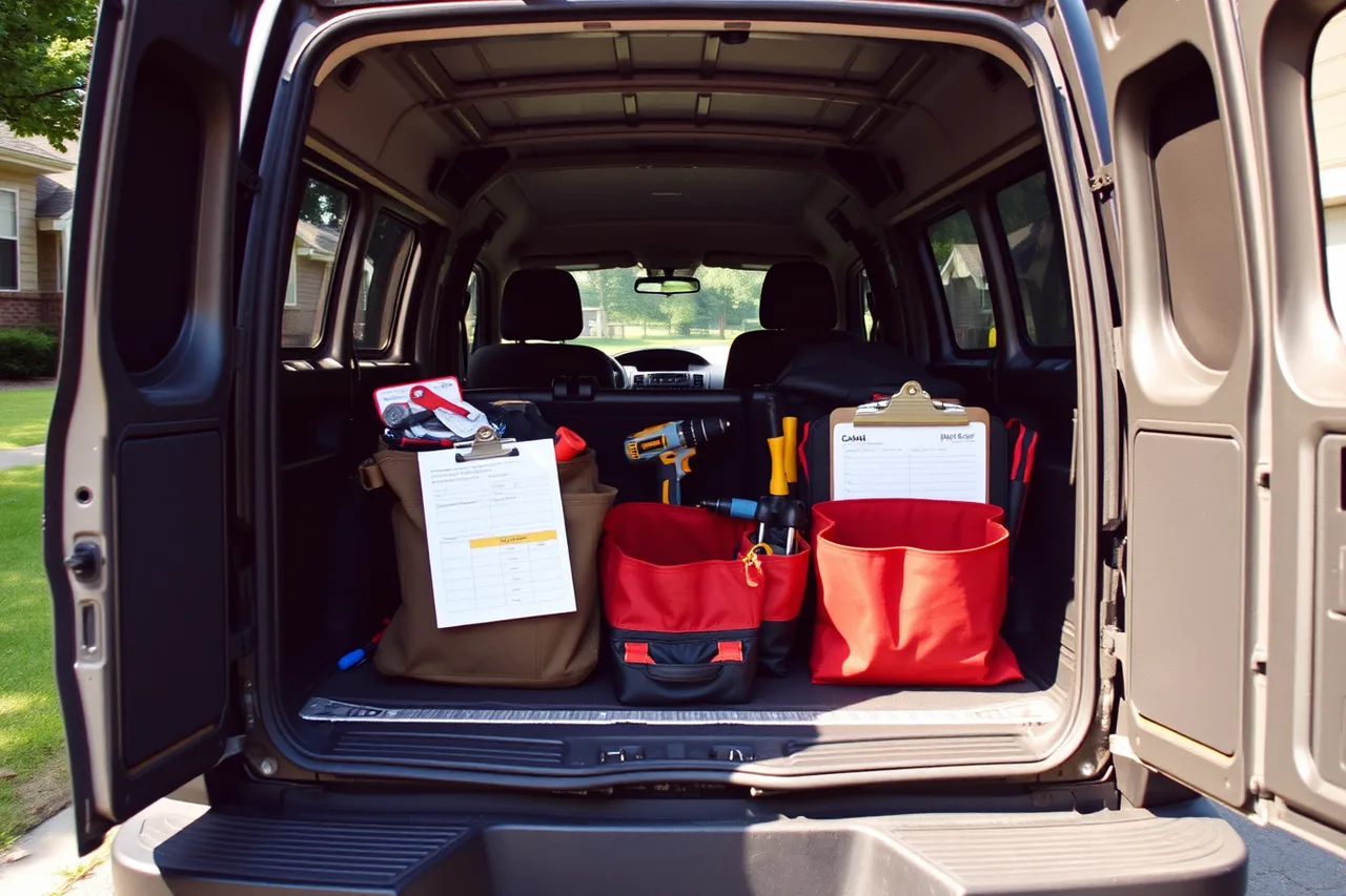 Open handyman van with tools, drill, fasteners, and a task list (Handyman market entry for new owners for 2027)
