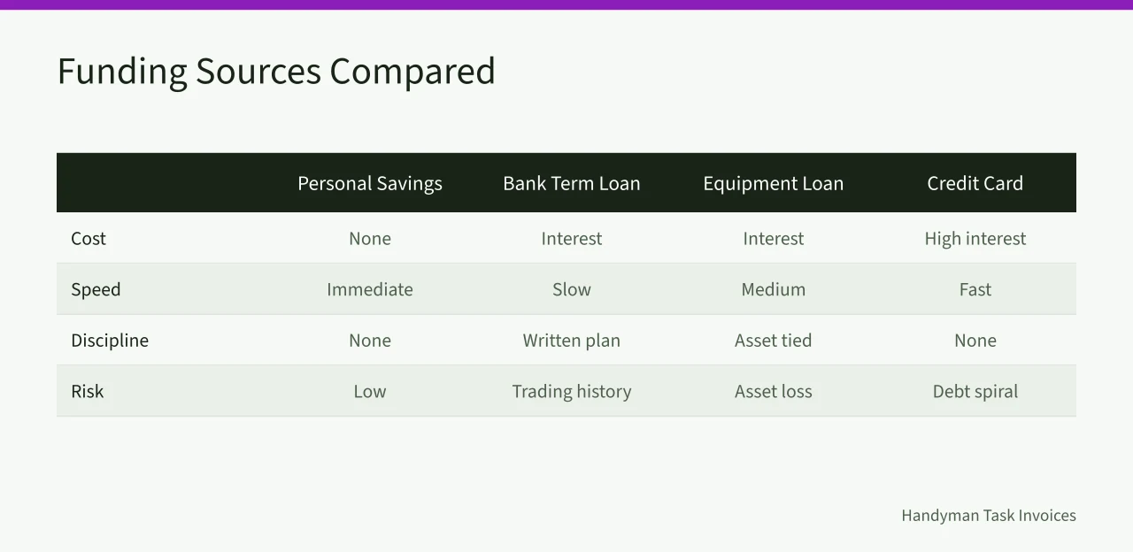 Comparison table of funding sources by cost, speed, discipline, and risk (Before you open a handyman business: the cost sheet and the funding menu)