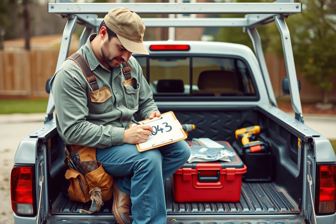 Handyman writing sequential invoice number on paper invoice at truck (What US handymen can learn from Canadian GST/HST and CRA task invoicing)