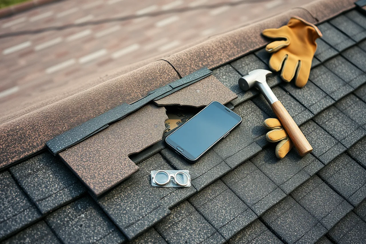 Handyman photographing a damaged roof shingle with a smartphone for an insurance claim (How Florida and Colorado handymen price emergency tasks after hurricanes and hail)