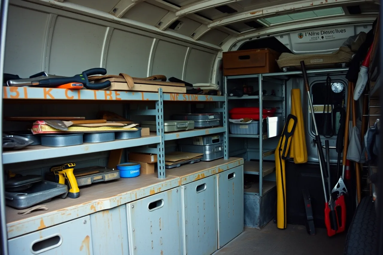 Secondhand racking and tool cases organizing a handyman's van (Used handyman equipment vs new: the cost comparison)