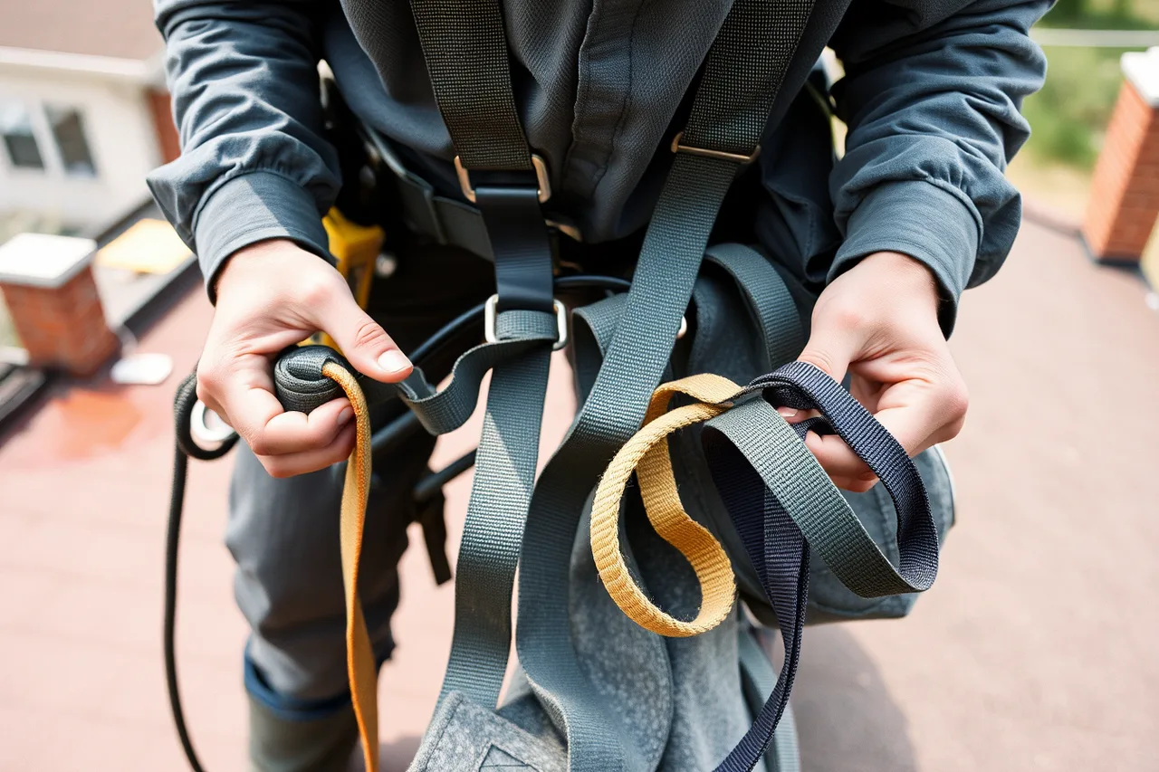 Worker inspecting a fall protection harness and lanyard on site (Used handyman equipment vs new: the cost comparison)